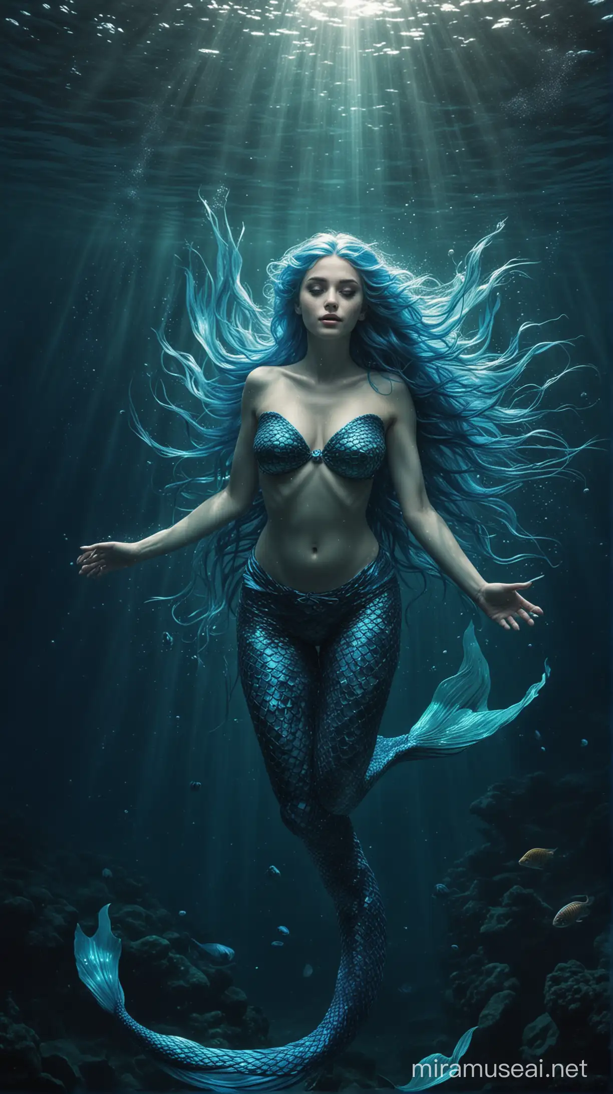Mystical Mermaid with Blue Hair Swimming in the Depths of the Dark Blue Sea