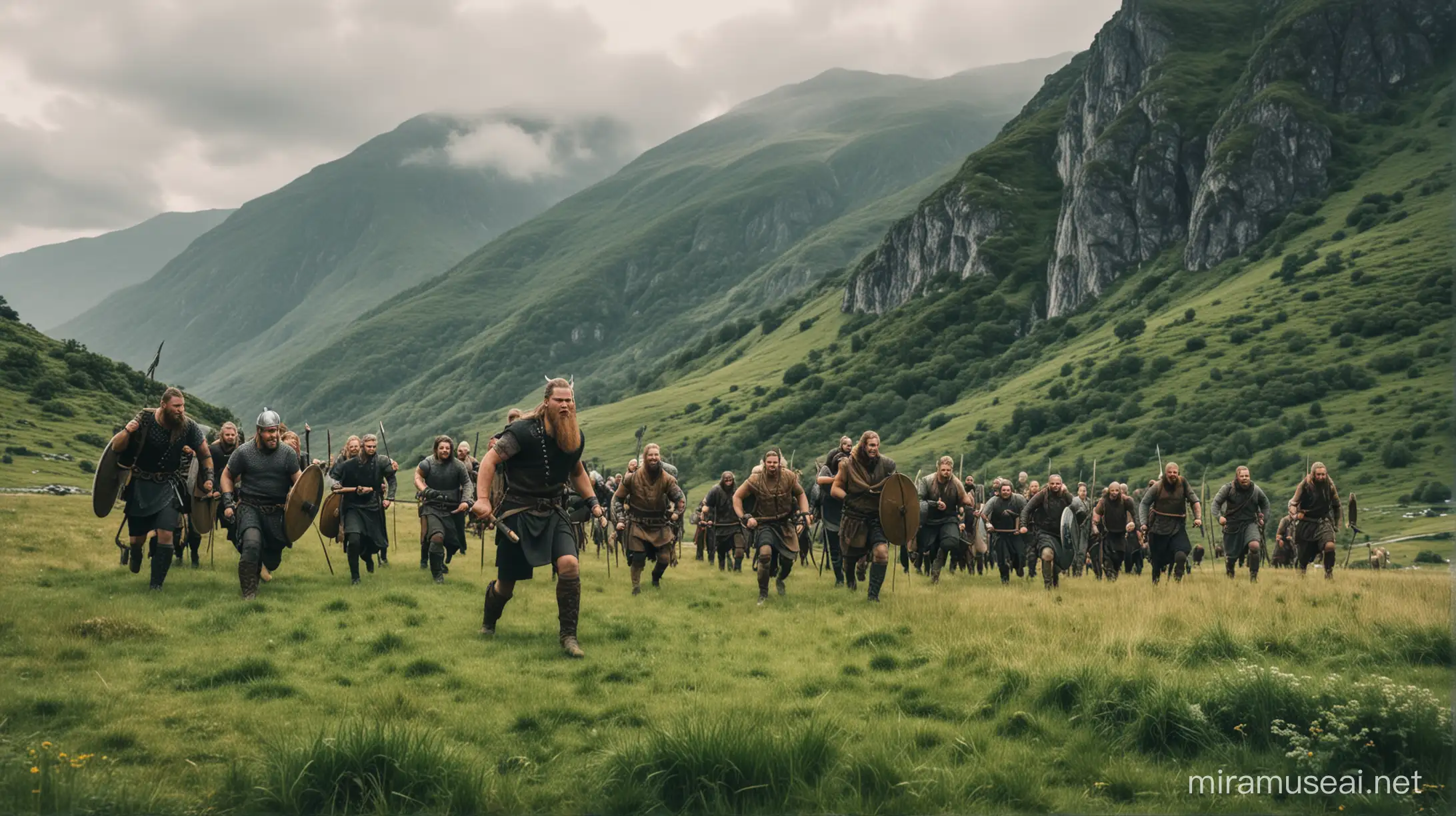 group of viking warriors training on a green mountain