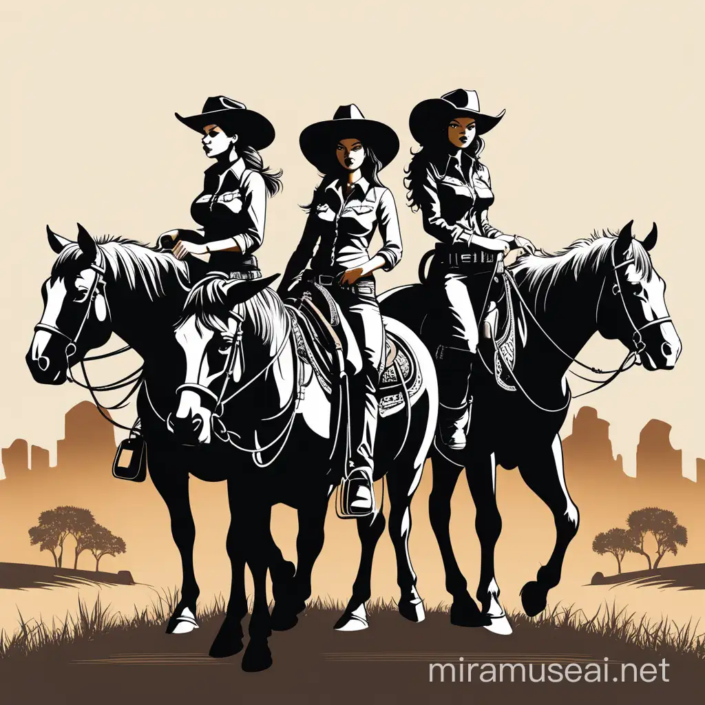 Three Black Cowgirls Riding Horses Through the Prairie