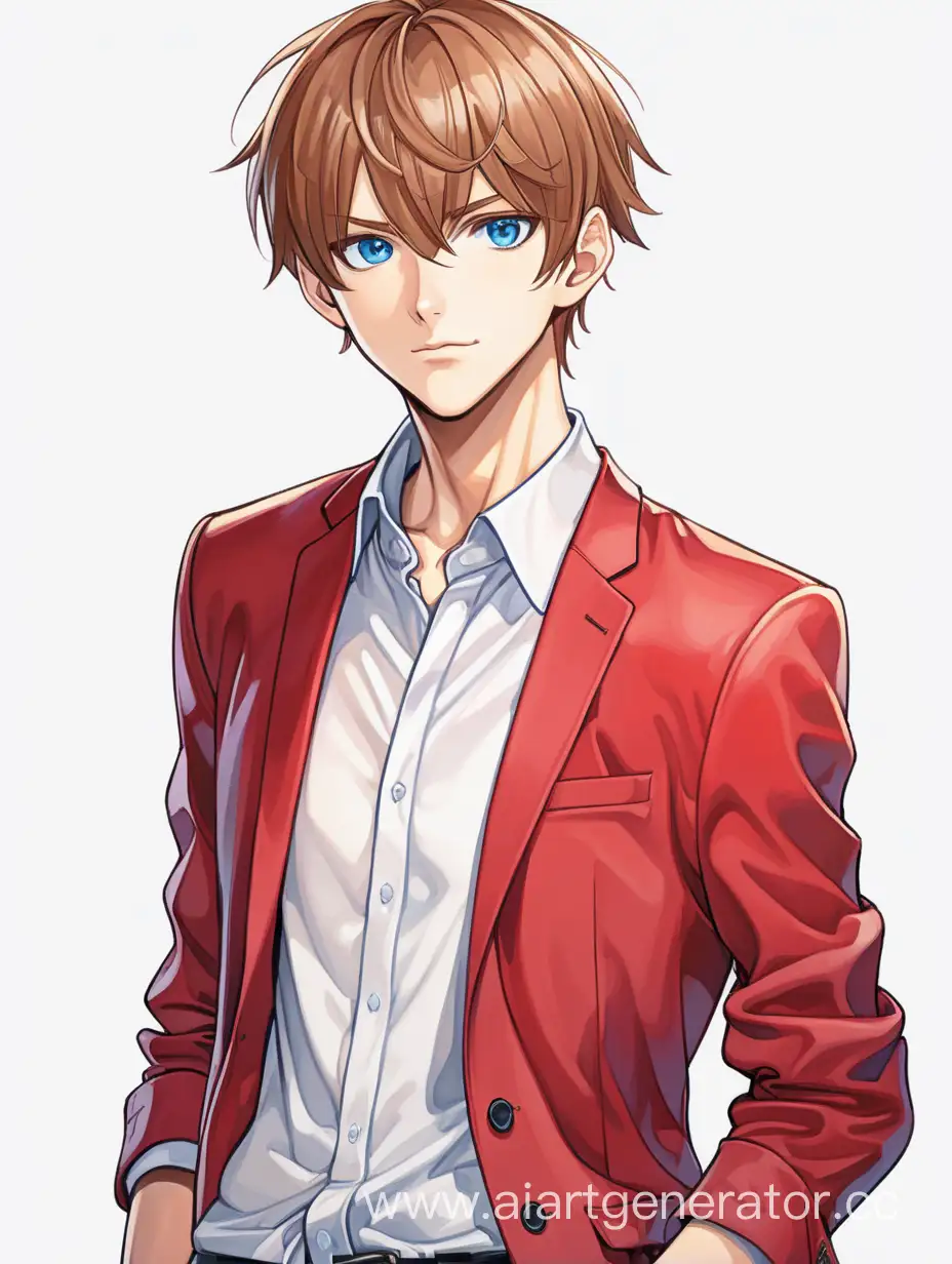 Tall young man, slim, short-cropped, light brown hair, blue eyes, in a red business jacket, white shirt, black trousers, full height, anyme style