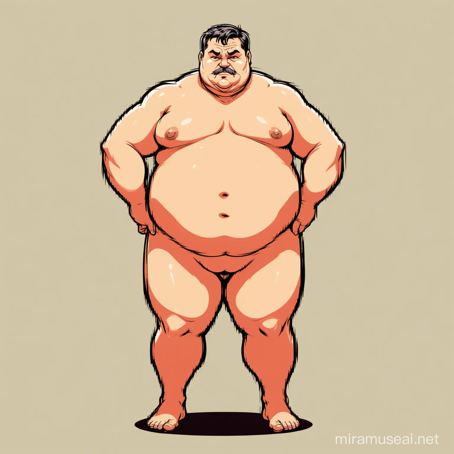 full body portrait of nude, fat, middle-aged man in comic style
