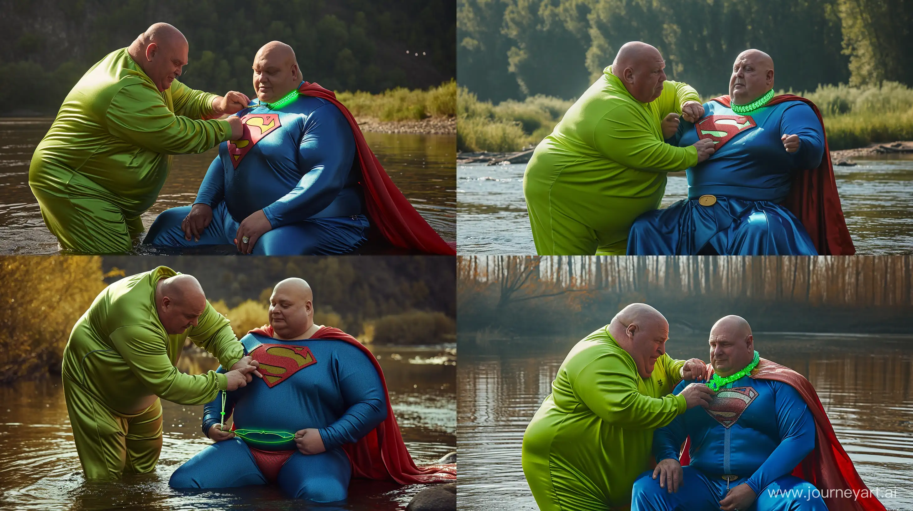 Front view photo of a chubby man aged 60 wearing a silky bright green tracksuit, bending and tightening a green glowing small short dog collar on the neck of another chubby man aged 60 sitting in the water and wearing a tight blue silky superman costume with a large red cape. River. Outside. Natural light. Bald. Clean Shaven. --style raw --ar 16:9 --v 6