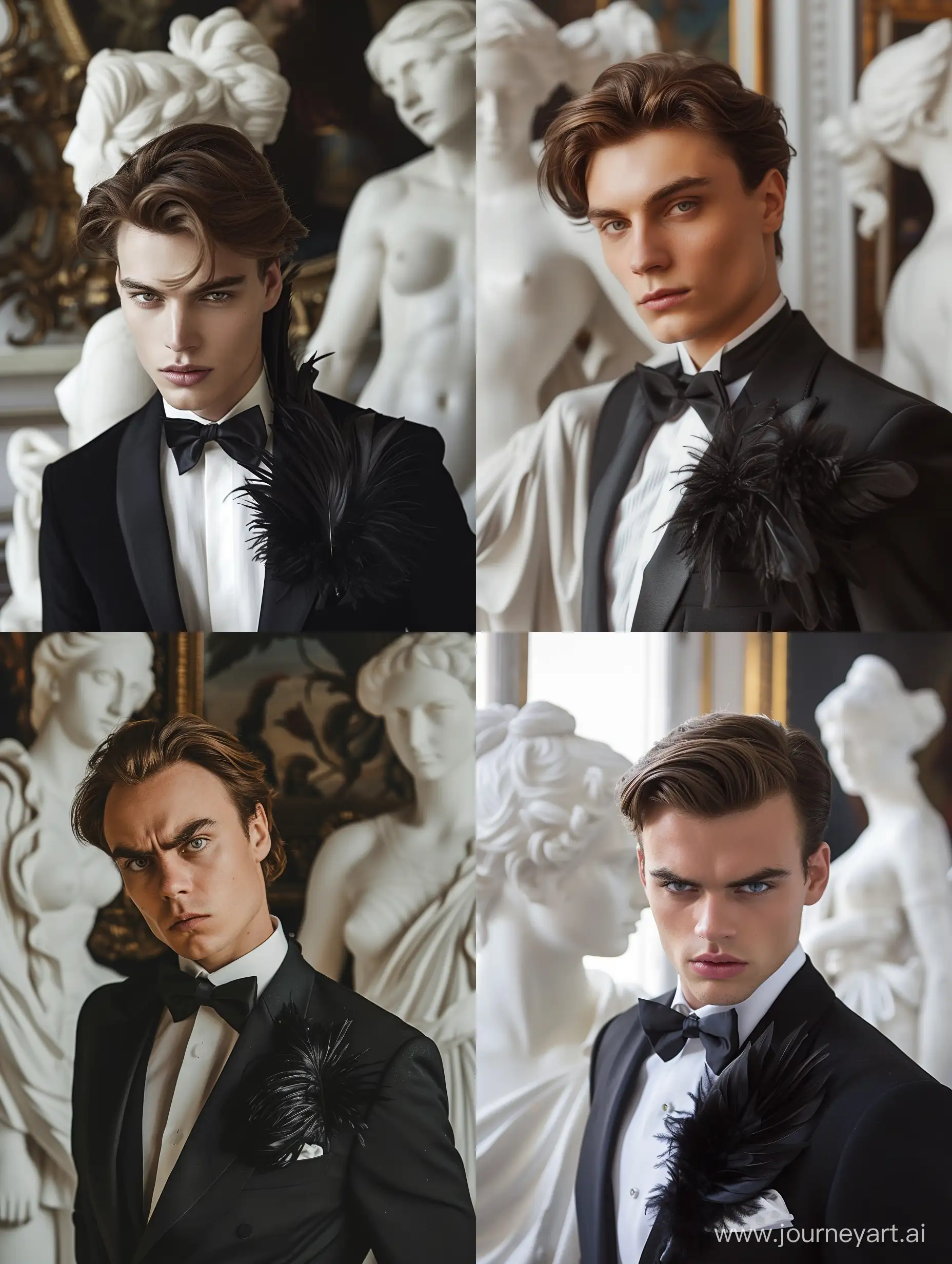 A cool, hyper-realistic photo of a gorgeous 25-year-old brown-haired man with a stern look from under his brows, in a black tuxedo and large black ostrich feathers in his buttonhole, stands near large antique white statues of a female figure, a photo in the style of old Hollywood, retro style of the 40s, the dynamics of angle and pose