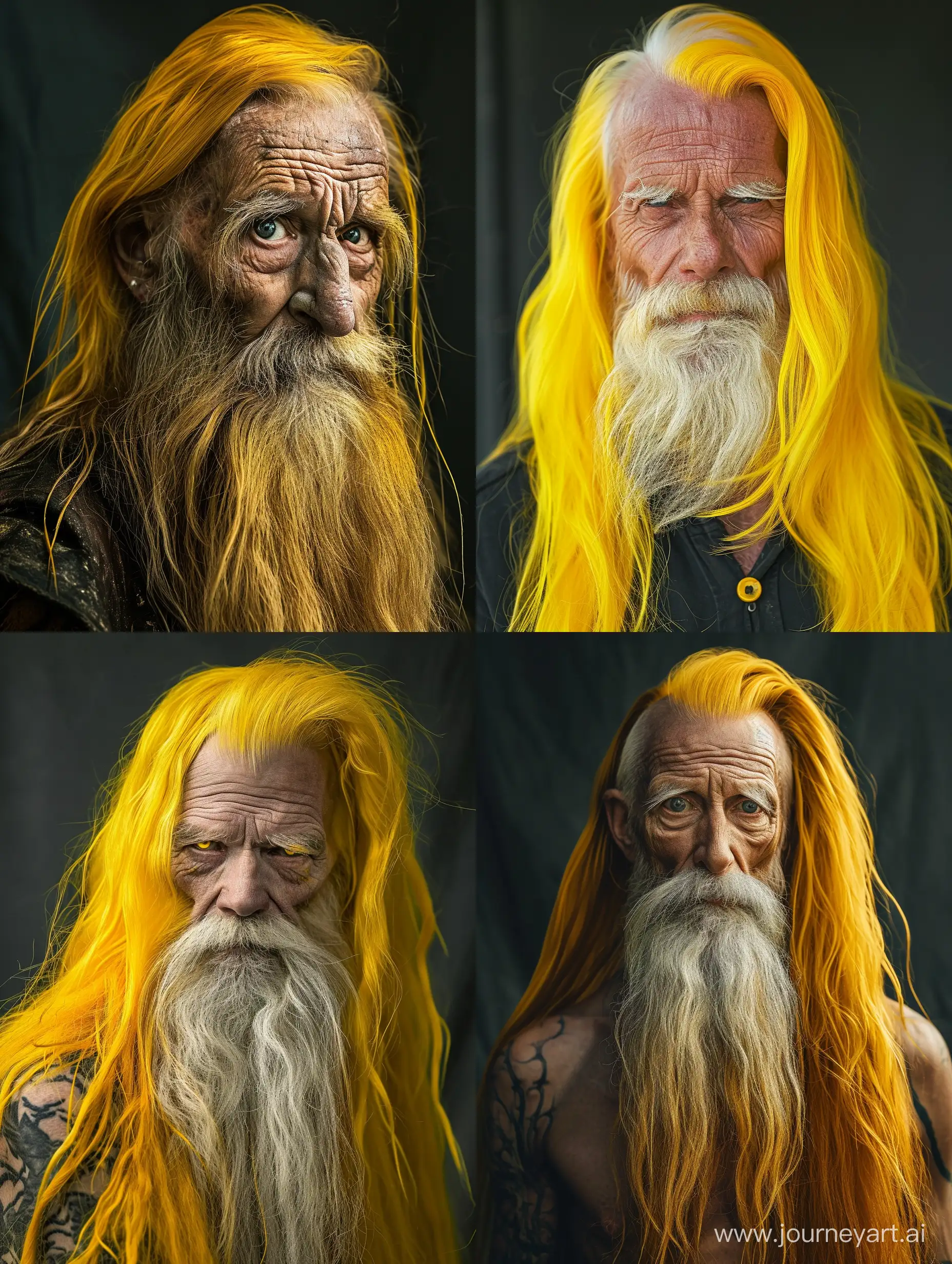 Muscular old man having long yellow hair. Midjourney style