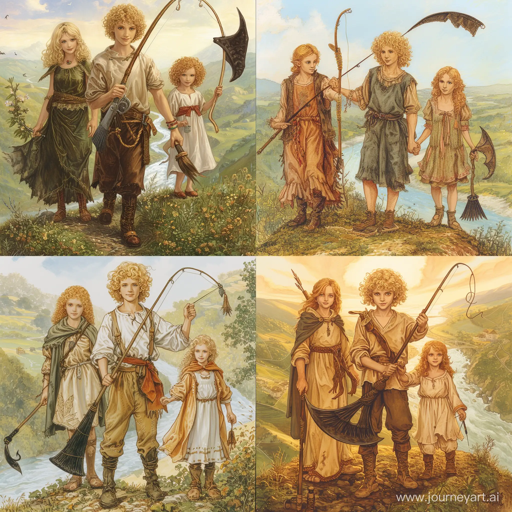 book illustration, three people, a thirteen-year-old boy with blond curly hair in his left hand holding a fishing rod with his right hand holding the hand of a five-year-old girl with a dark-colored scythe, a five-year-old girl (standing to the right of the boy), a sixteen-year-old girl (standing to the left of the boy), dressed in peasant clothes, standing on a hill, Winding river background, sunny day, noon