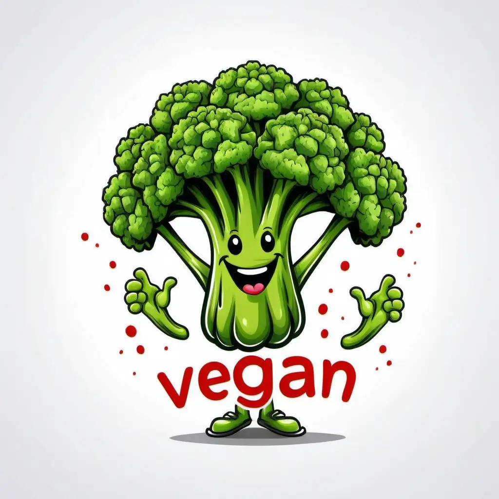cartoon very happy broccoli vegetable with smiley face kids cartoon with red words VEGAN printed with white background