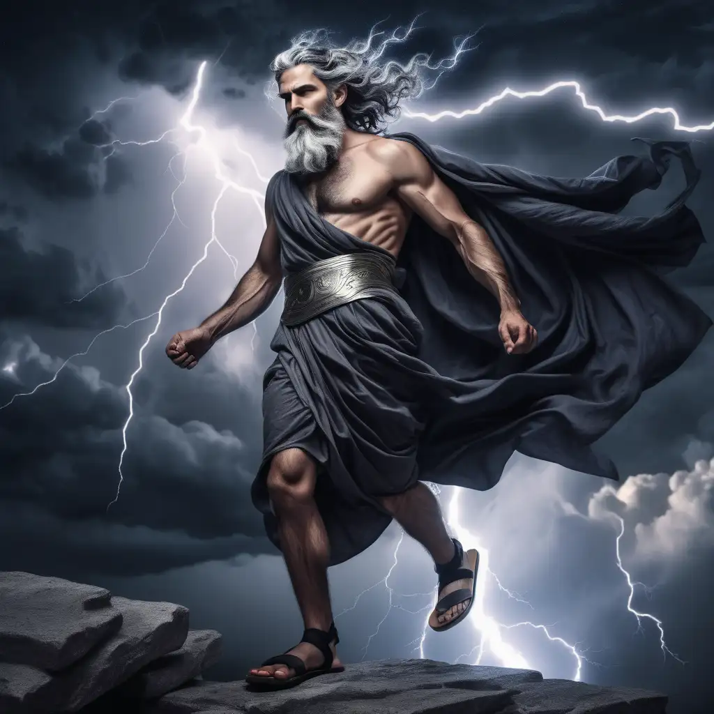 fit man, black gray wavy hair, black gray wavy beard, ancient greek clothes, sandals, god of lightning and the night sky, flying in the sky, thunderstorm, night sky