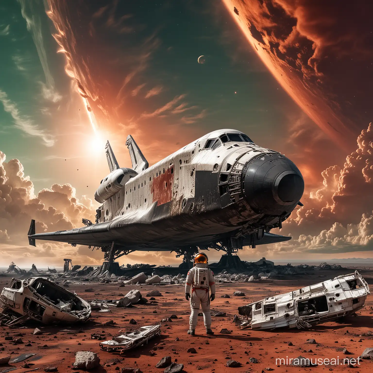 In the foreground, an astronaut in a space suit stands next to his destroyed damaged space shuttle, behind the shuttle lies an old damaged alien spaceship, red sky with green clouds and two moons,