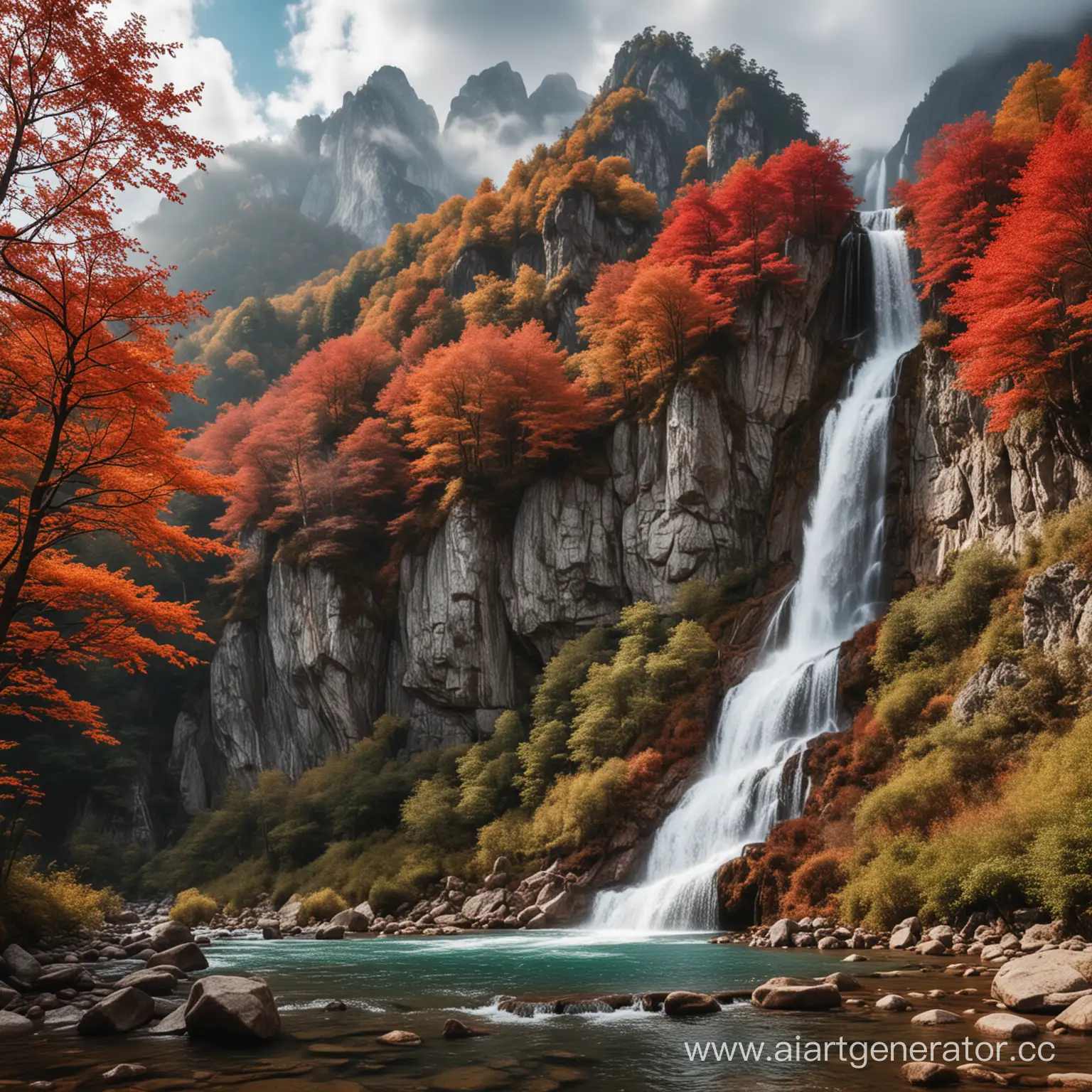 Spectacular-Mountain-Landscape-with-Lush-Red-Canopy-Trees-and-Cascading-Waterfall