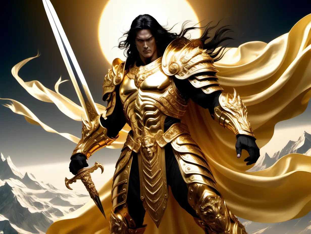 The god emperor of mankind in resplendent golden armor his face handsome long flowing black hair eyes like Golden flame he holds up his sword to the sky the brilliant Golden Glow emanating from the blade around him for from great white tigers and a mantle of cloth with golden eagles upon it billow in the wind