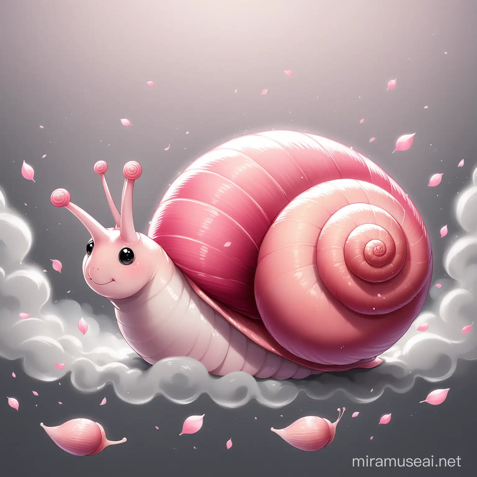 A cute pink snail against a background of grey smoke and pink falling petals