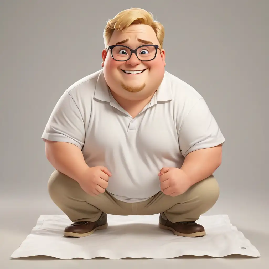 kneeling smiling cartoon chubby nerdy white man with glasses with blonde hair and facial hair white sheet background