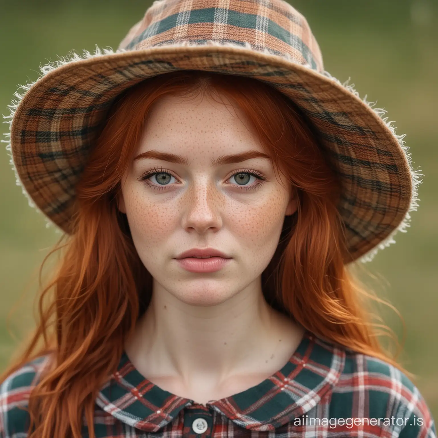 The translation of input: The redhead girl in a hat in a plaid dress with freckles on her face