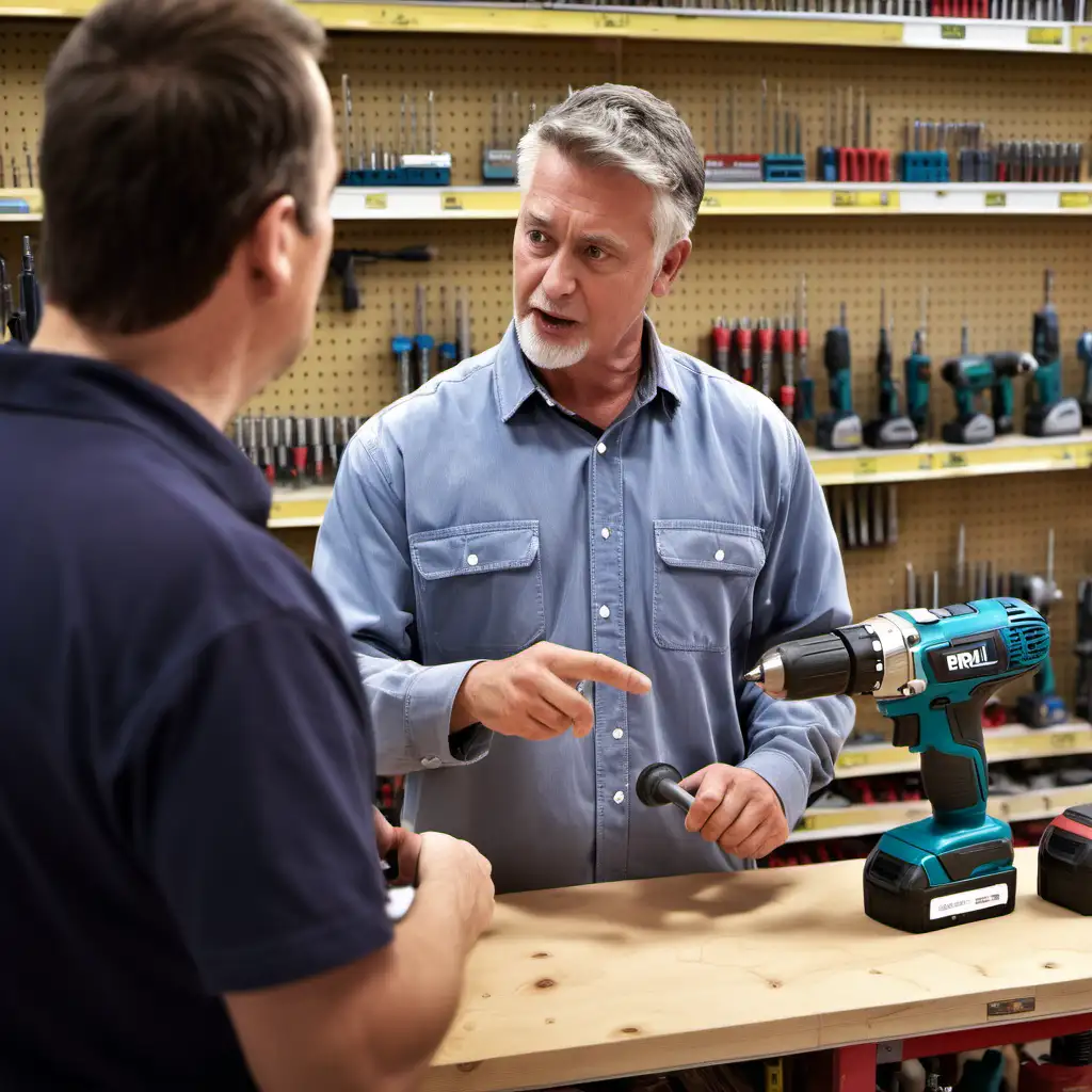 Hardware Store Entrepreneur Demonstrating Drill Usage to Customer