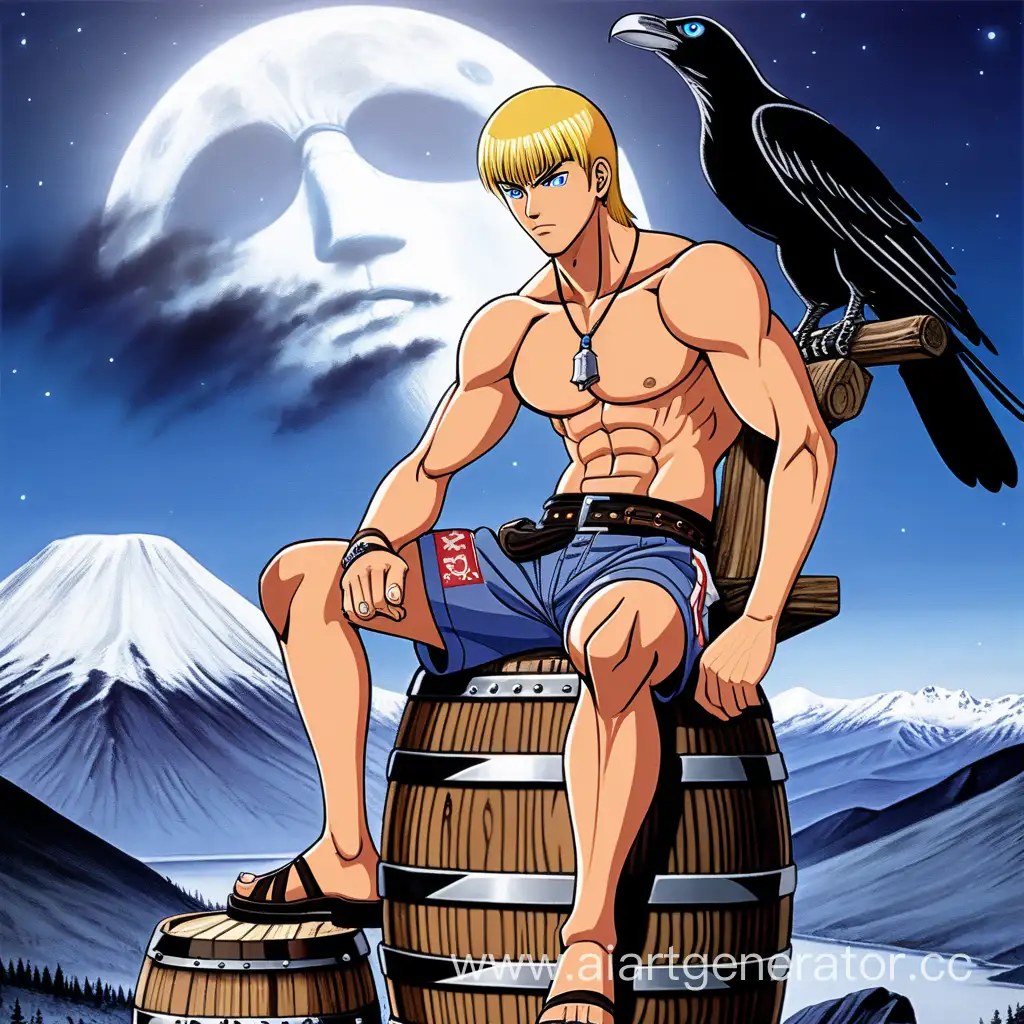 Онидзука Эйкити из аниме "GTO" но с голубыми глазами, подкаченный, в образе викинга сидит на дубовой бочке, на фоне гор Исландии и луны. рядом гордо сопровождает ворон.