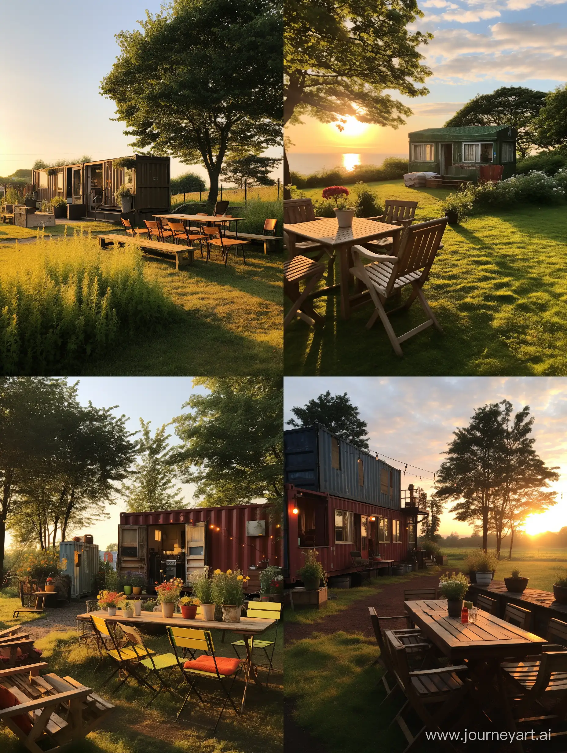 Charming-Container-Cabins-with-Rooftop-Terraces-and-Tea-Setting-in-Morning-Sunshine