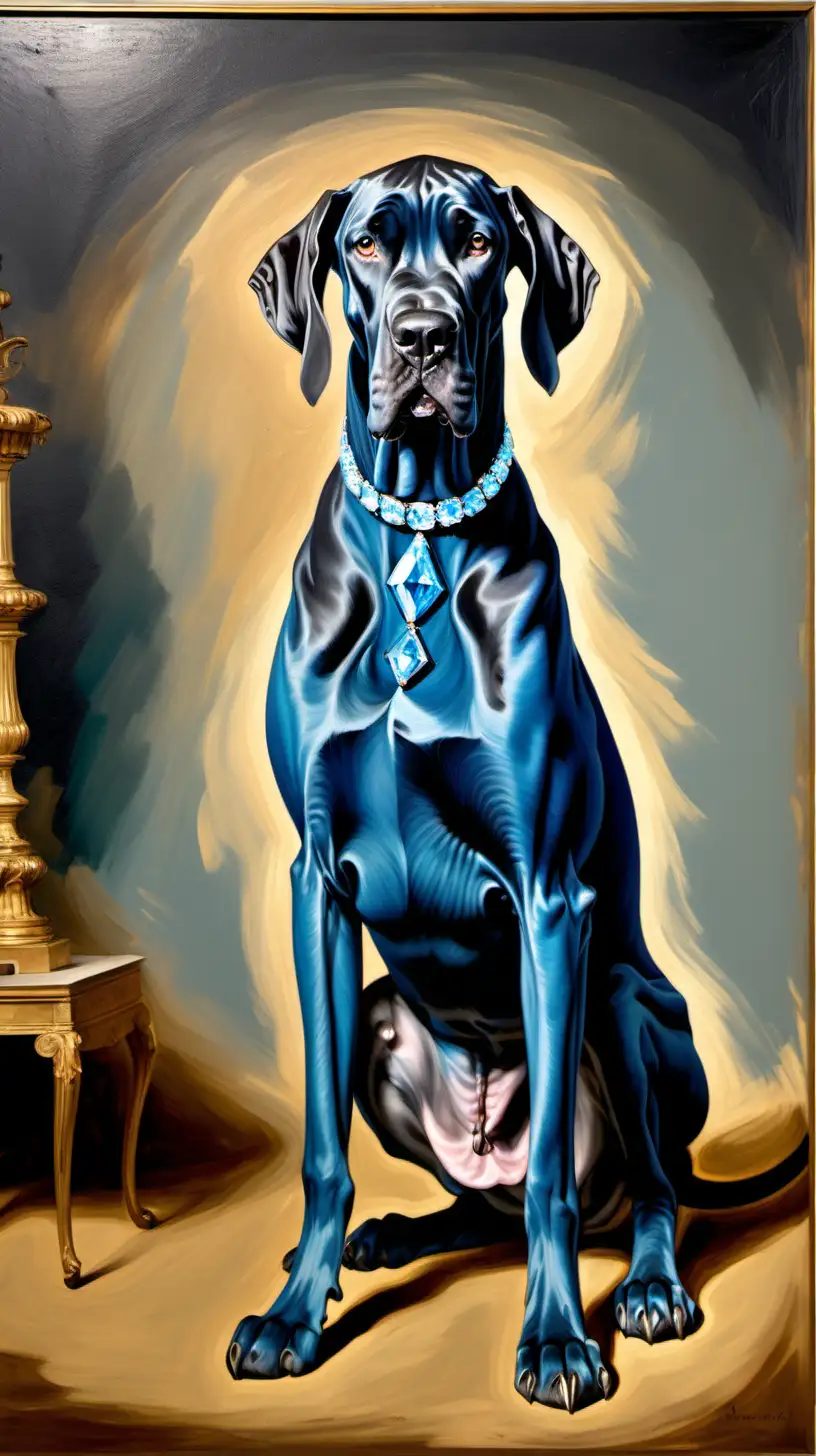 expressionist painting of a great dane, a blue diamond on its collar, 19th century setting, mansion 