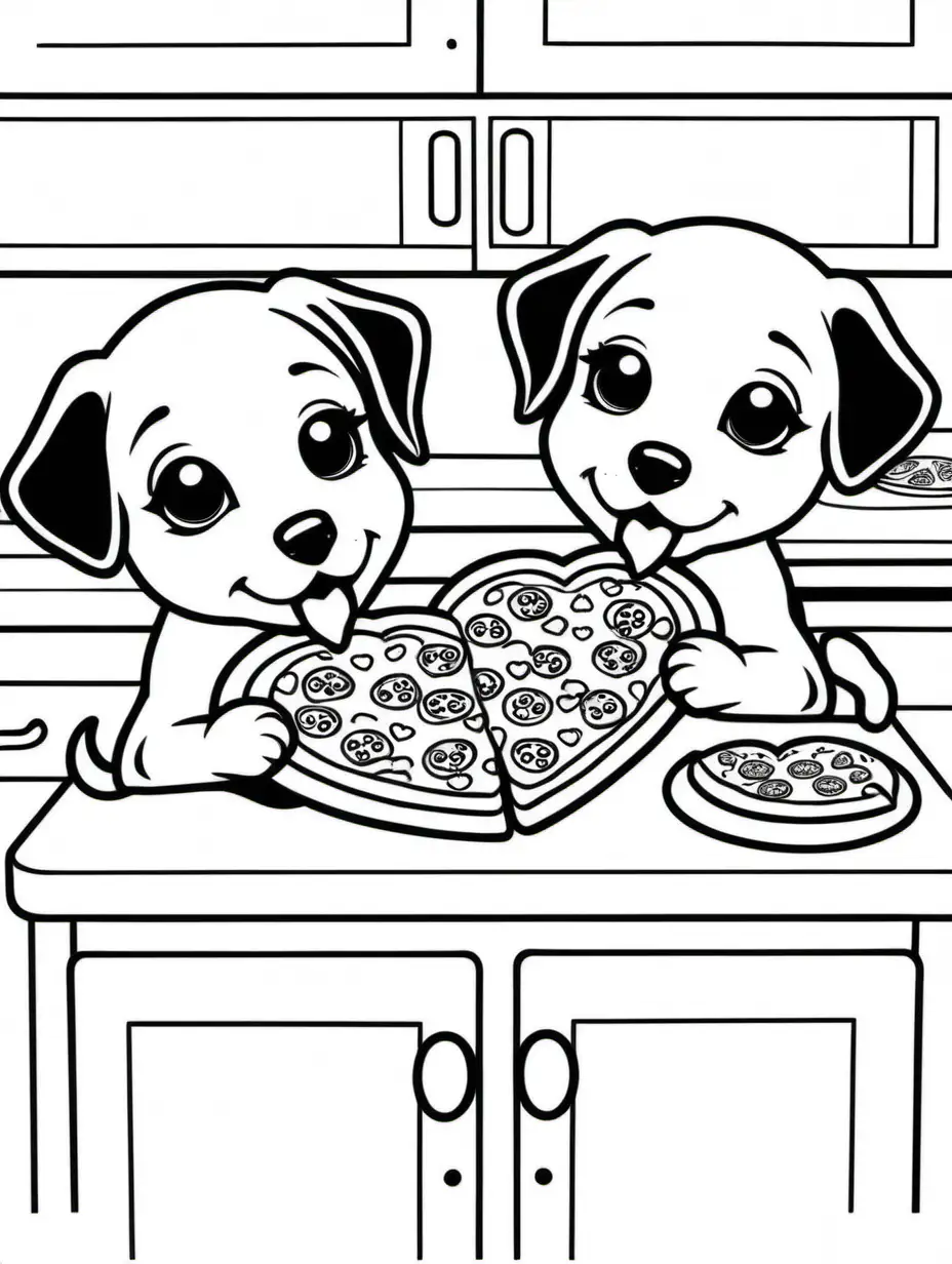 create a coloring page of two cute puppies eating heart shaped pizza in kitchen, black outlines, no shading
