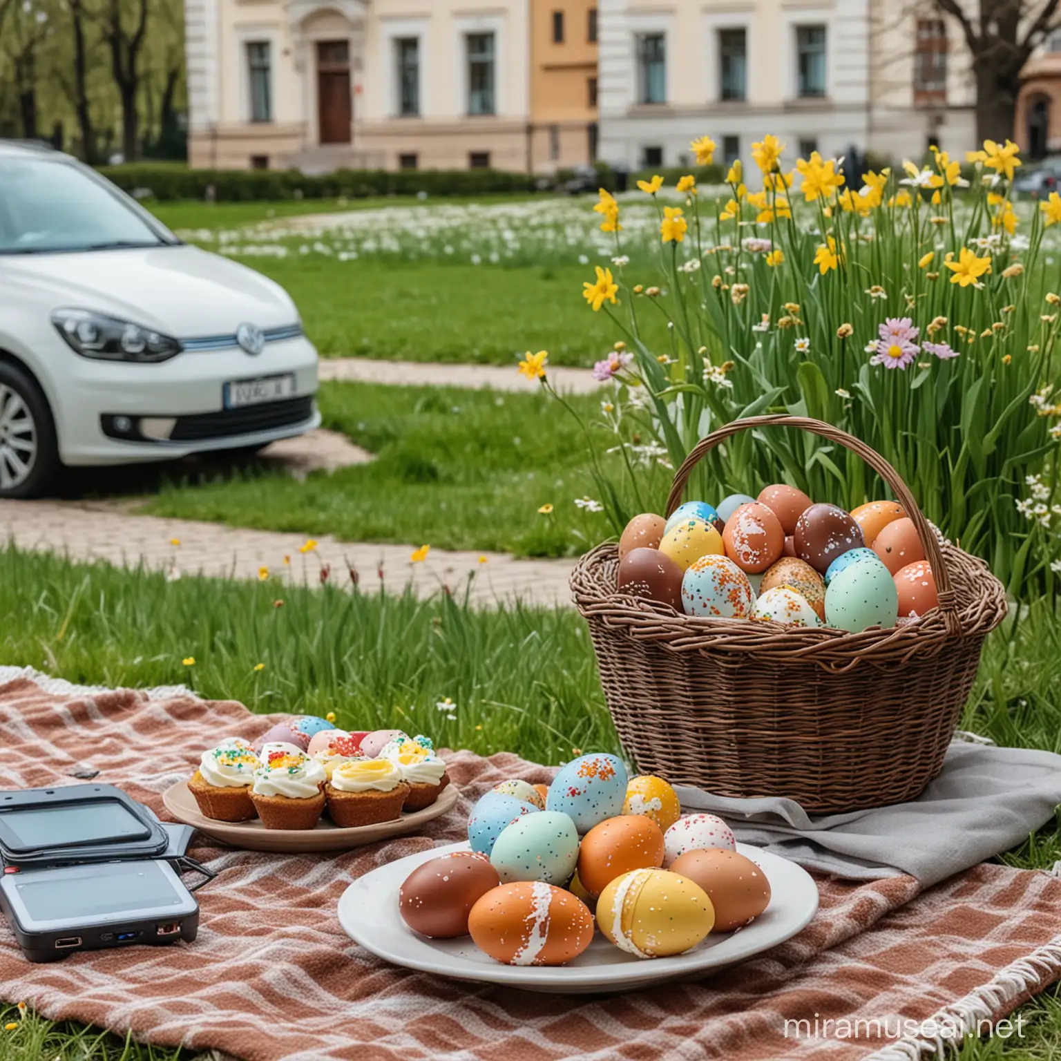 A beautiful spring day in the University Park of Vilnius, Lithuania. Close-up of Easter eggs in a basket and a cut piece of Easter cake on a plate placed on a blanket on a green meadow with spring flowers. An electric vehicle charging station can be seen in the distance in the driveway and an electric VW ID.5 parked behind the charging station. University buildings can be seen in the background.