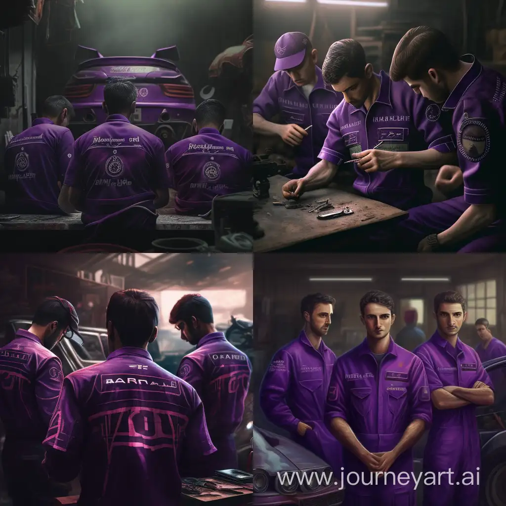 3 mechanics wearing purple uniforms with Altimat Auto Garage written on the shirt are repairing cars in a workshop , ultra realistic, canan eos DSLR