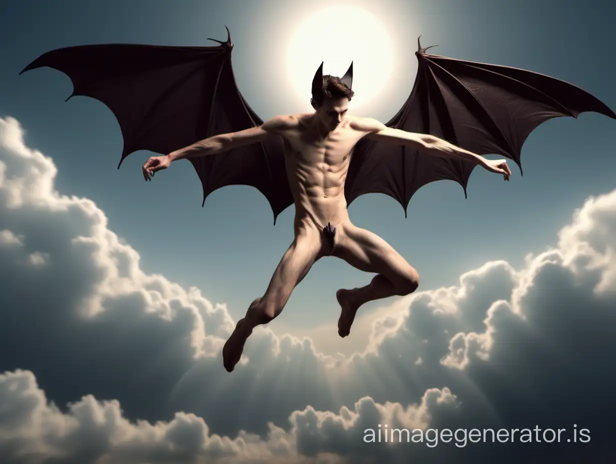 Nude Male with BatLike Wings Stretching Legs in Flight | AI Image Generator