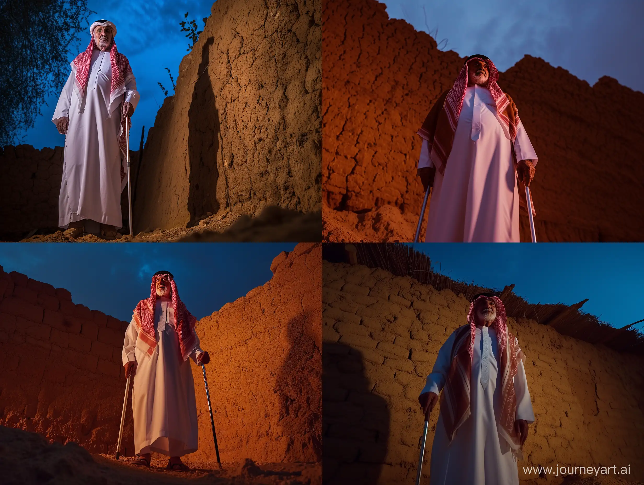 An opening photo of an old Saudi prince wearing the traditional white Saudi dress and a red shemagh, standing in front of a mud wall holding his cane at night time and dim lighting, cinematic and dramatic style with brown tones, and he appears confident, the camera is at a low angle pointing upwards, the sky is blue, and a full-body shot, Landscape, shot by‎‏ Sony PXW-FS5 XDCAM Super 35,
