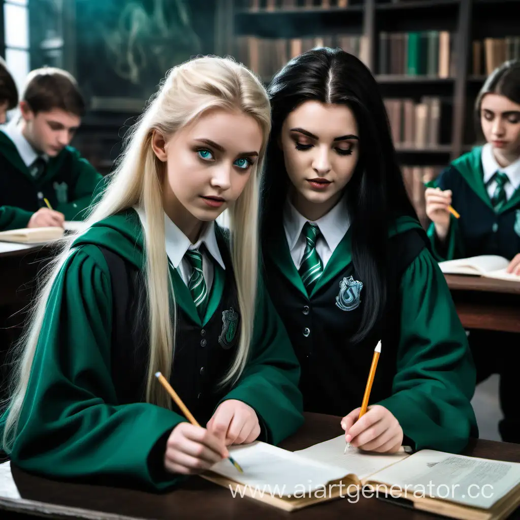 a young beautiful attractive girl with blonde hair and blue eyes in the form of Slytherin is sitting at a Hogwarts desk in class with a friend with dark hair, reading a note in her hands.