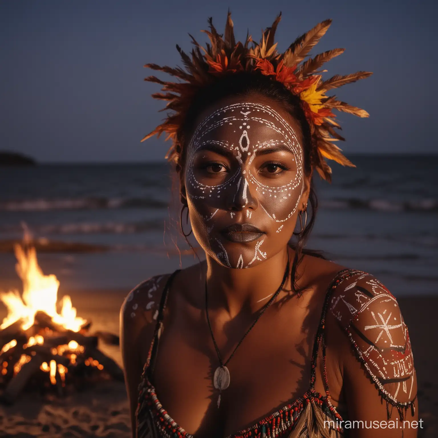 Bellissima e affascinante indigena con il viso dipinto da indigena, è accanto a un piccolo falò sulla spiaggia, di notte e fa riti voodoo.