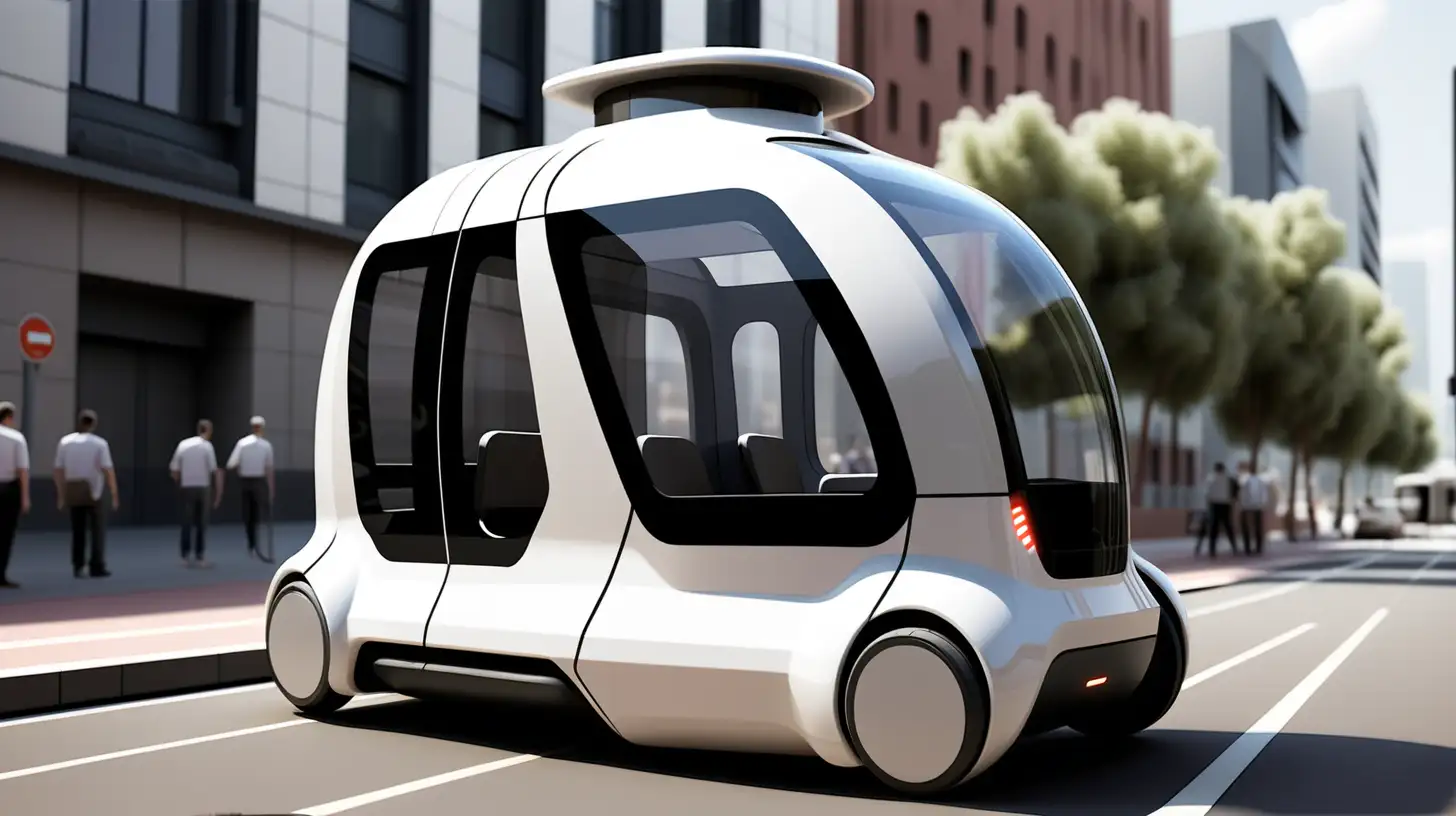 design an unmanned autonomous shuttle for public transport ,futurisches design with plain straight lines. 

 
