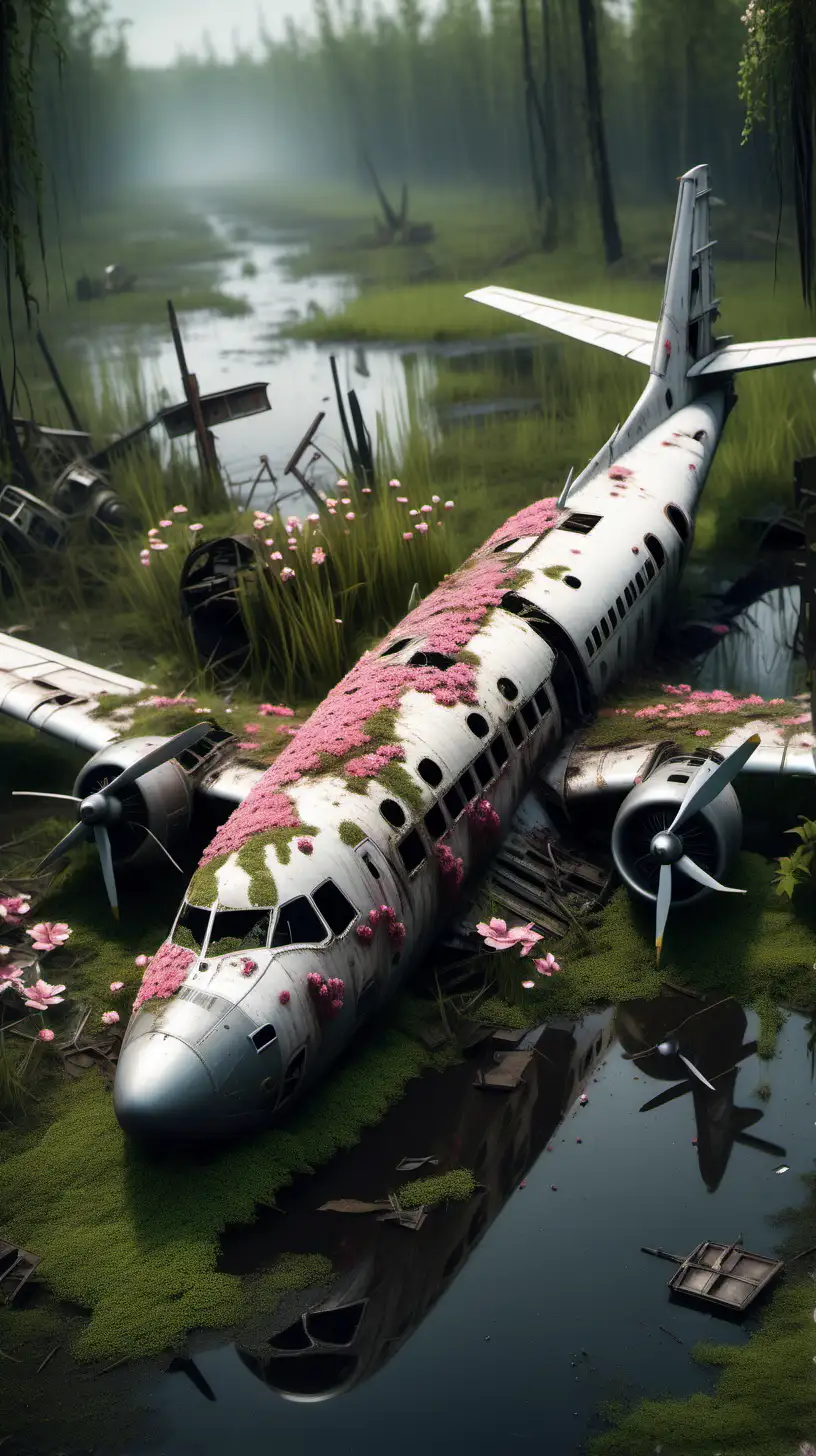 CloseUp of Crashed Plane Submerged in Swamp with Flowery Overgrowth
