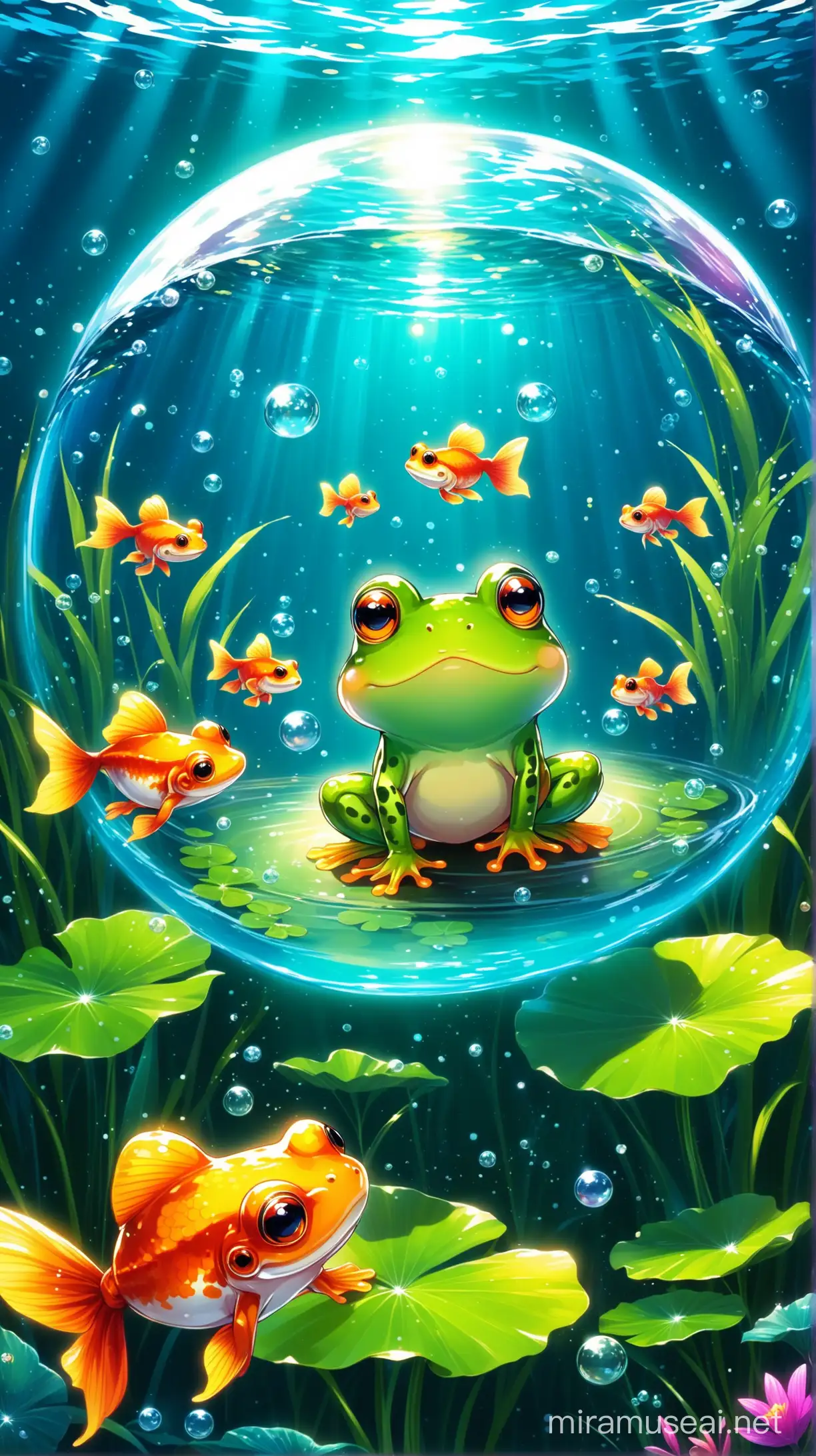 Lively Underwater Scene Frolicking Frog and Playful Goldfish in a Vibrant Pond