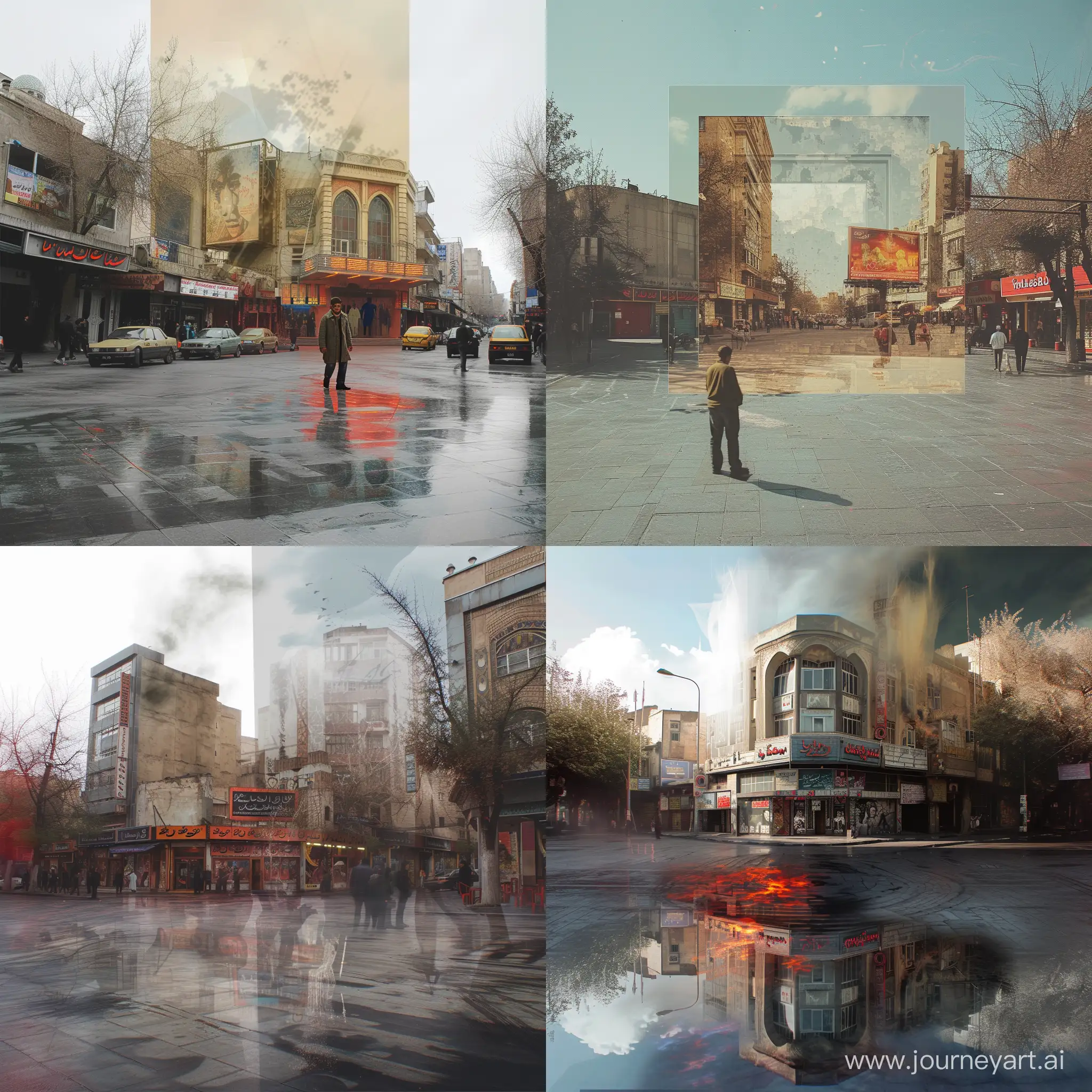Manipulate a real image of Tehran's Englebal Street. This collage is done not too intense and big. However, some parts of the space, such as buildings or cinemas around the square, may change. The final output of the image can take on an eerie atmosphere.