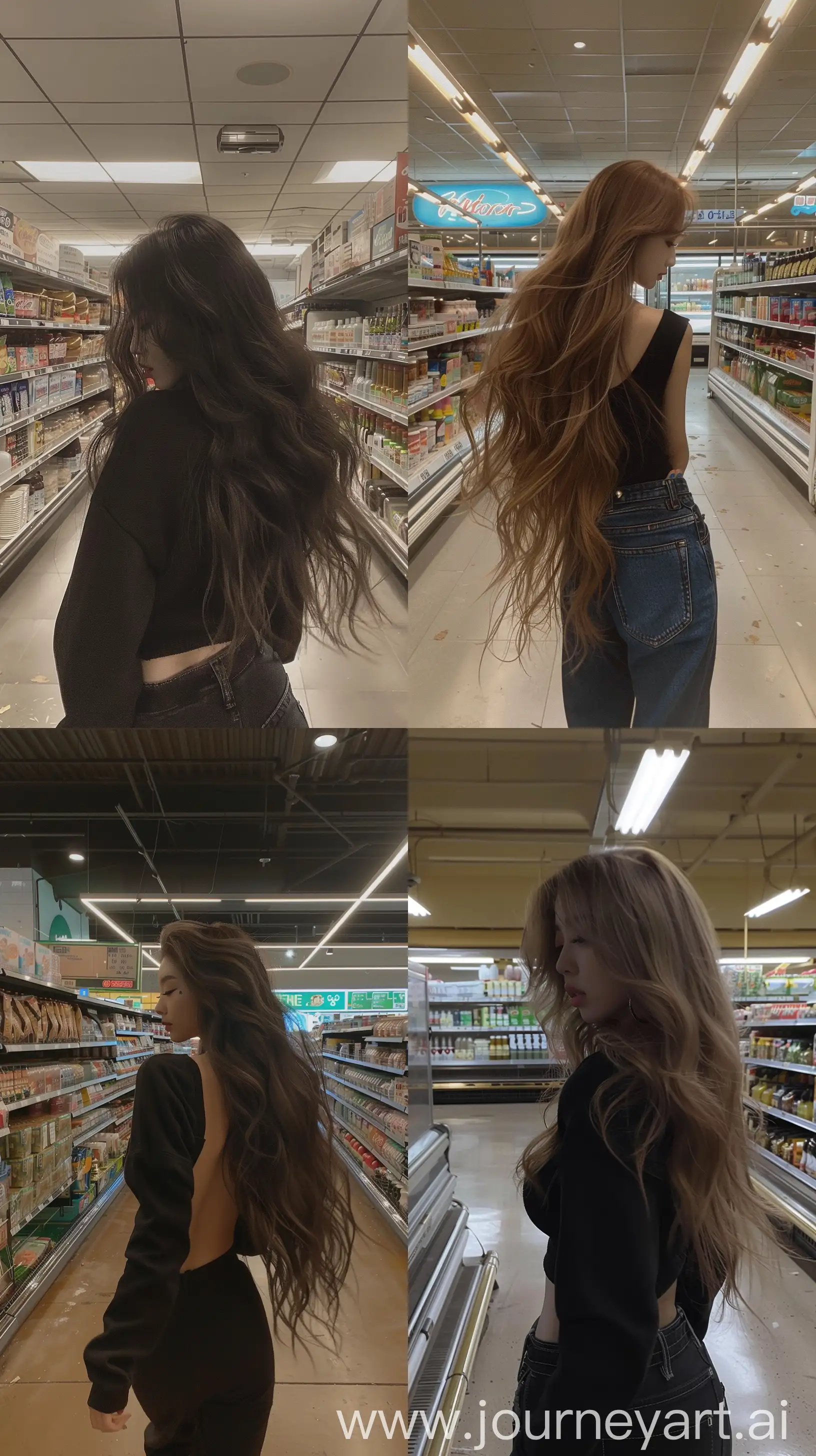 aestethic selfie, blackpink's jennie, wavy, walking inside empty grocery store, back body, hiding face --ar 9:16 