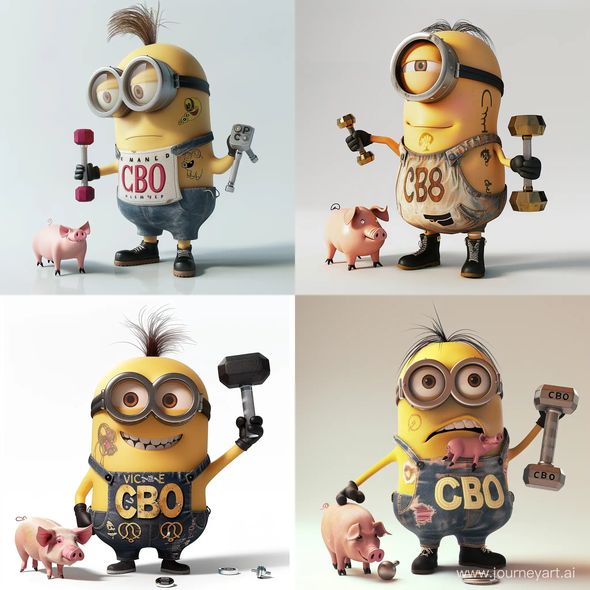 A jock minion with the inscription CBO on his clothes, holding a dumbbell and a pig