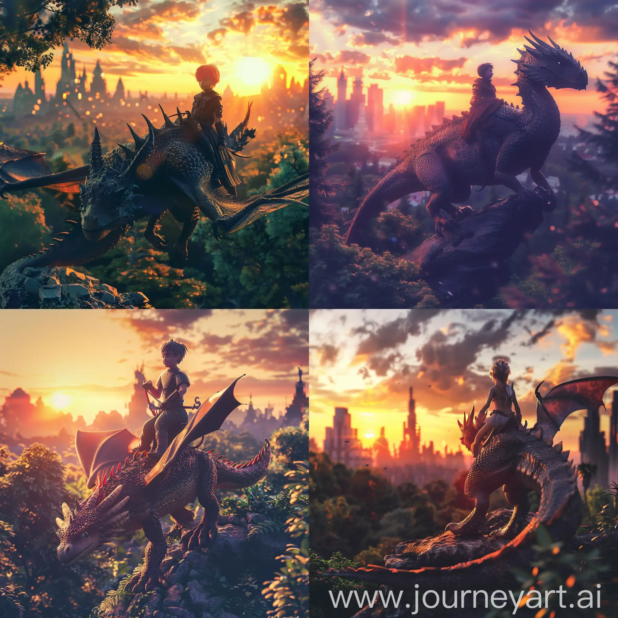 dragon, sunset, friendly, human riding dragon, fantasy city in the background, nature, Forrest, lush, fun, hyper realistic, 4k--v4--ardragon, sunset, friendly, human riding dragon, fantasy city in the background, nature, Forrest, lush, fun, hyper realistic, 4k--v4--ar