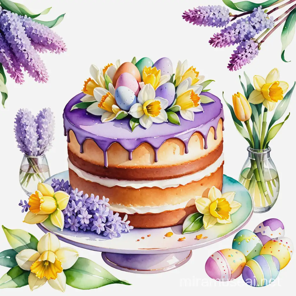 Easter Cake and Floral Delights Colorful Eggs and Blossoms on White Background