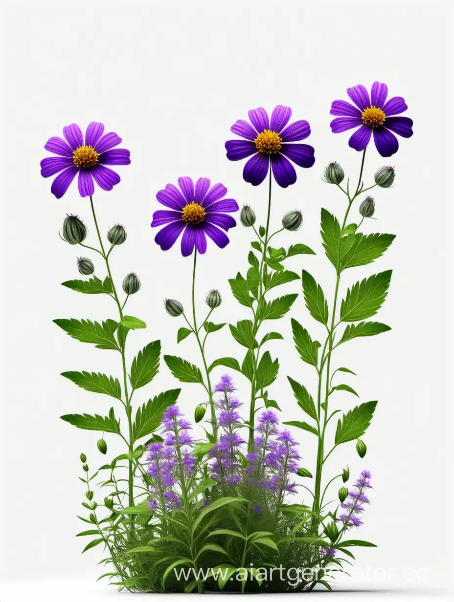 purple BIG wildflower 3 plants lines art, simple, herb, Unique floral, botanical ,grow in cluster, 4K, high quality, white background,