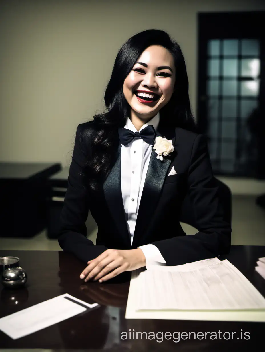 Beautiful smiing and laughing Vietnamese woman wearing a tuxedo wile sitting at a desk in a dark room.  Her jacket is open.  She has cufflinks.  She is wearing lipstick. she has long black hair. Her jacket has a corsage.  She is in a dark room.
