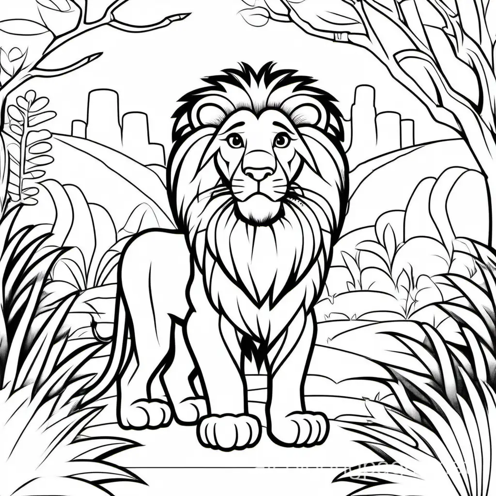 cute lion  at  the zoo, Coloring Page, black and white, line art, white background, Simplicity, Ample White Space. The background of the coloring page is plain white to make it easy for young children to color within the lines. The outlines of all the subjects are easy to distinguish, making it simple for kids to color without too much difficulty