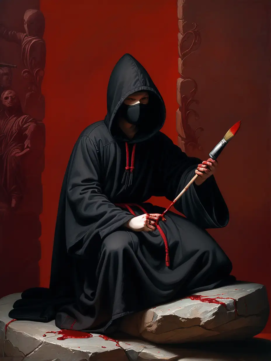 Human holding paintbrush, sitting on stone, wearing all black hooded robe, mask on, bloody, Renaissance, red background