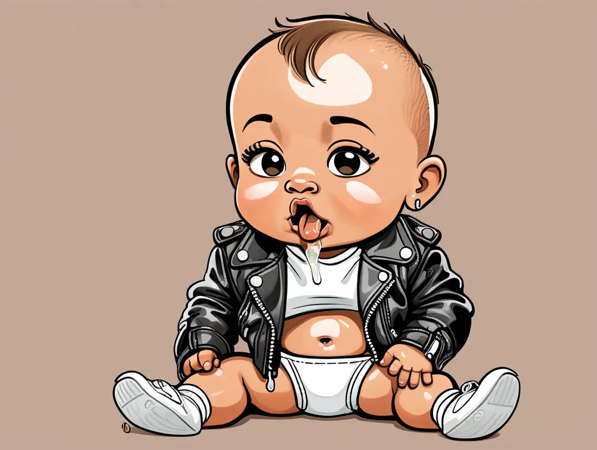 Cute Cartoon Baby in Stylish Leather Jacket and Diaper
