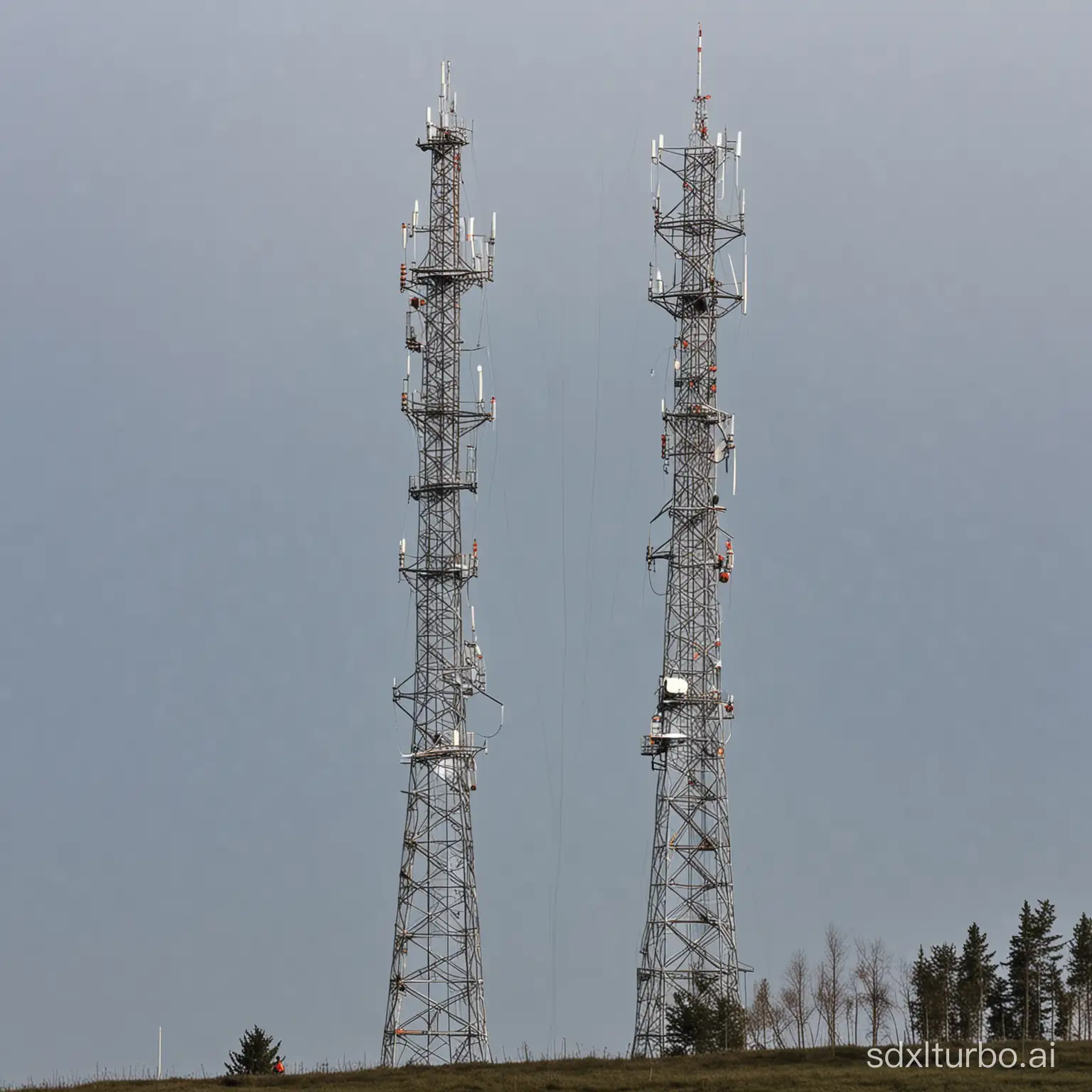 engineers install antennas for a cellular network on a telecommunications tower near Poznań