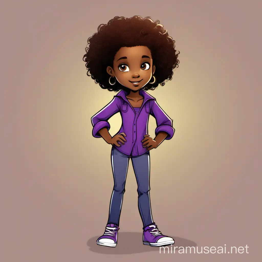 Character illustration, character standing, legs, hands,Character's Gender Female Character's Age 8 Character's Ethnicity African-American Character's Skin Color Medium brown Character's Hair Color Mostly Black with a tint of brown Character's Hair Style Natural curly/coily (Type 4C) hair that she wears slightly pushed up and back into a cute purple headband Character's Eye Color Medium dark brown eyes Character's Clothing Jeans with purple long-sleeved shirt Any Special Features? A small mole on right side of nose near nostril