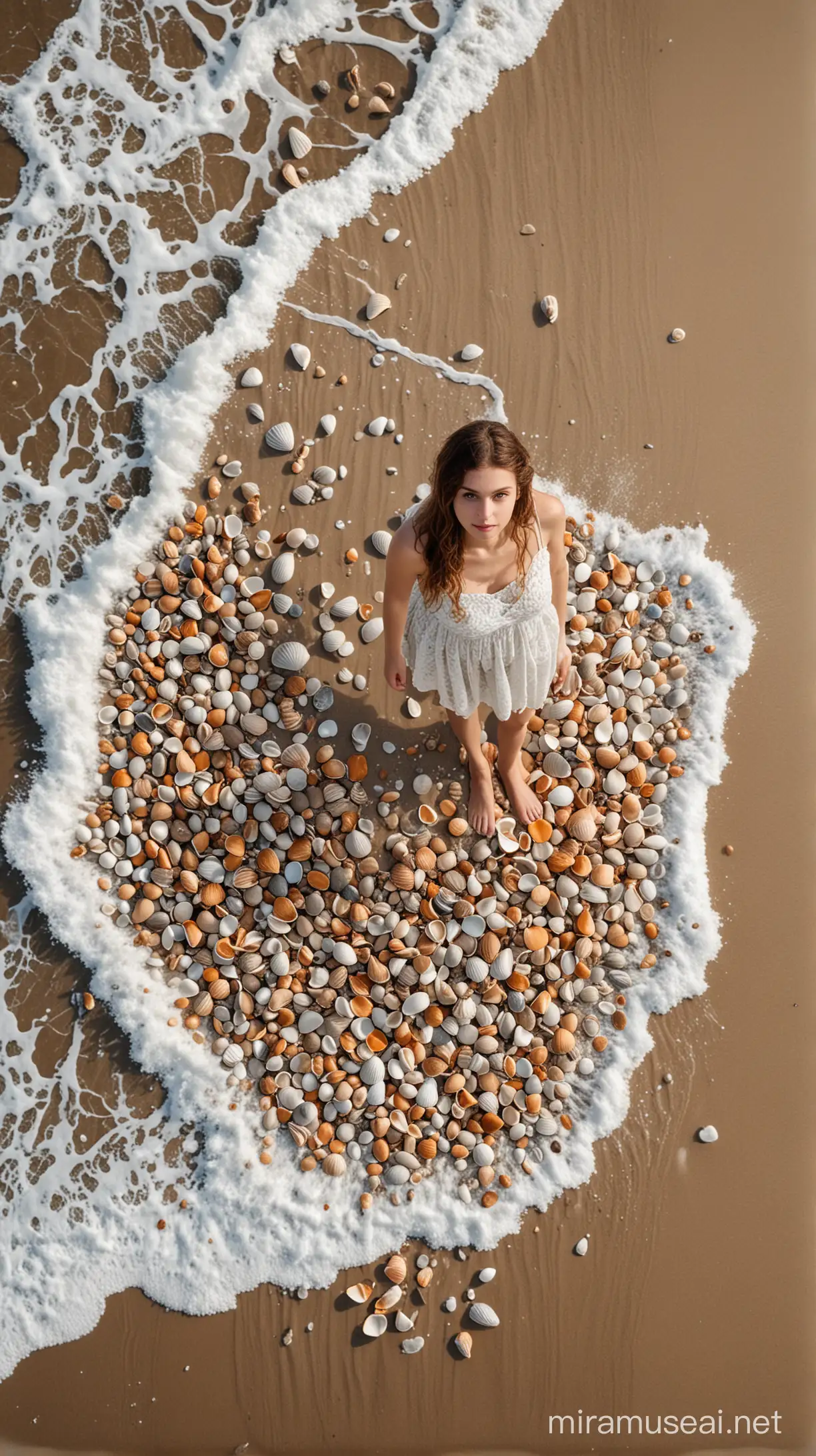 Beautiful Girl in Chic Sea Waves Dress on Sandy Seashore with Shells