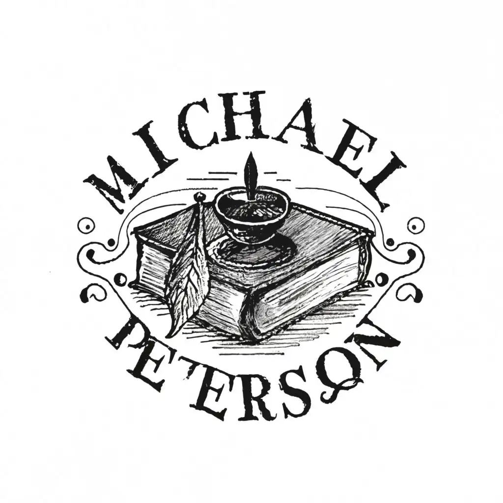 logo, book, quill, ink pot, with the text "Michael Peterson", typography