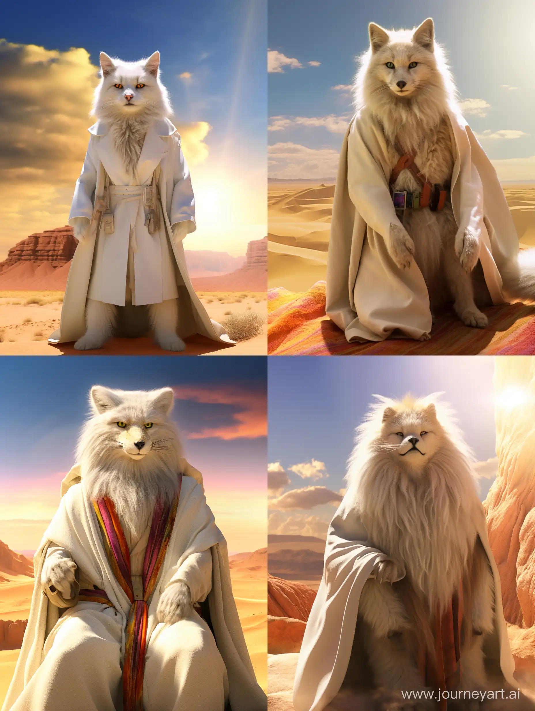 Epic-Realism-Hyperdetailed-Monster-Fox-in-White-Long-Coat-Amidst-Desert-Sunlight-with-8K-Resolution-and-Rainbow-Backdrop