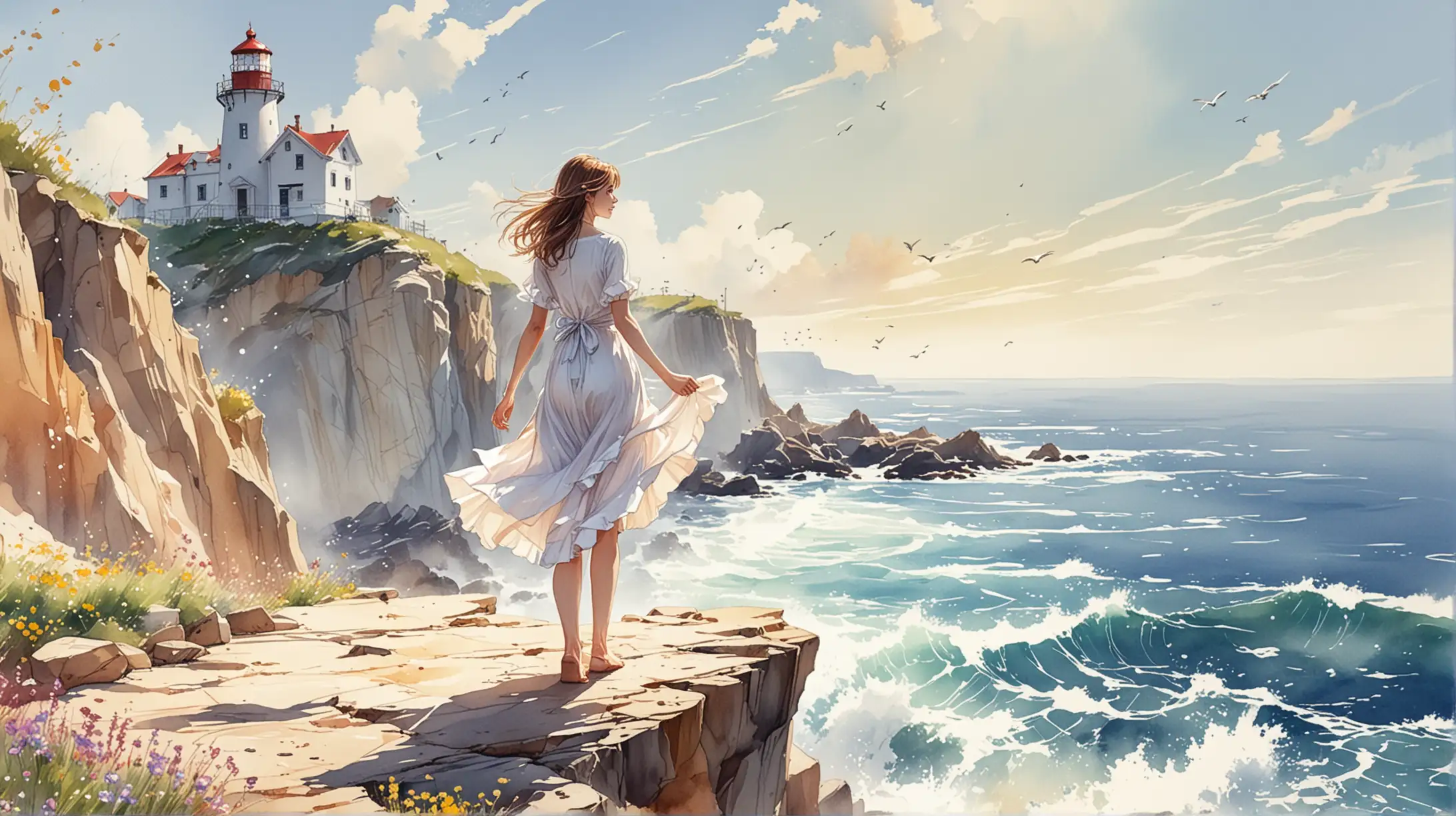 on a white background, painted in watercolor in anime style, coast, sunny day, wind, lighthouse, a girl in a light flying dress dancing on the edge of a high cliff, colored notes flying from her in all directions, muse, inspiration, flight