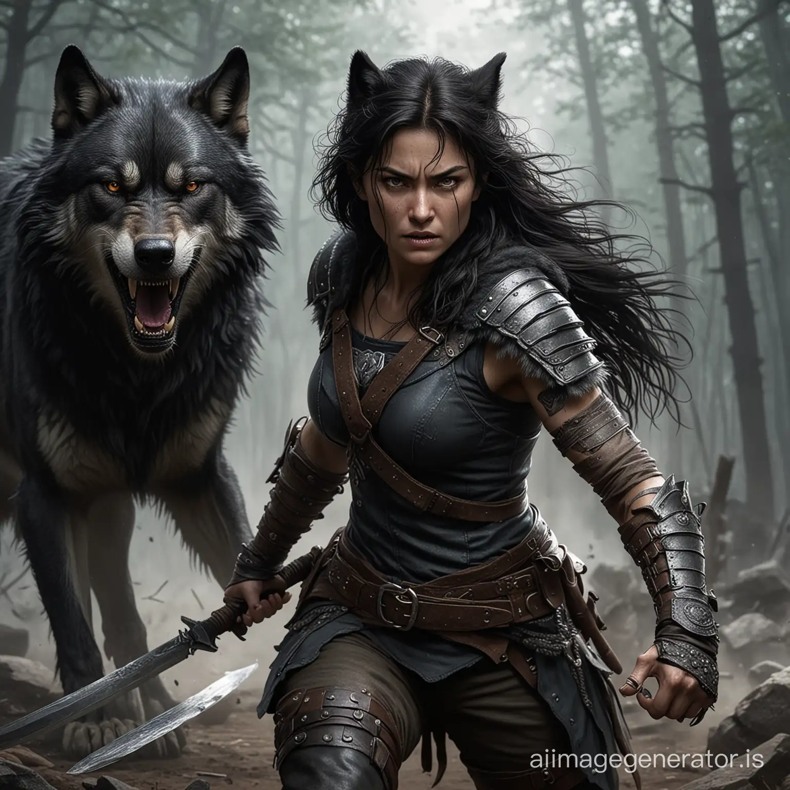 a dark haired older  She Wolf warrior ready to fight. Defending her friends and beating down her enemies