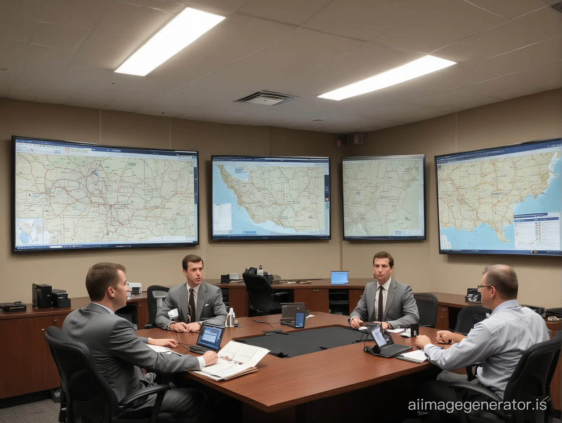 Center for Strategic Decision Support. Six flat monitors hang on the walls, displaying maps. In the center of the room is a large table. Four people in suits sit at the table.