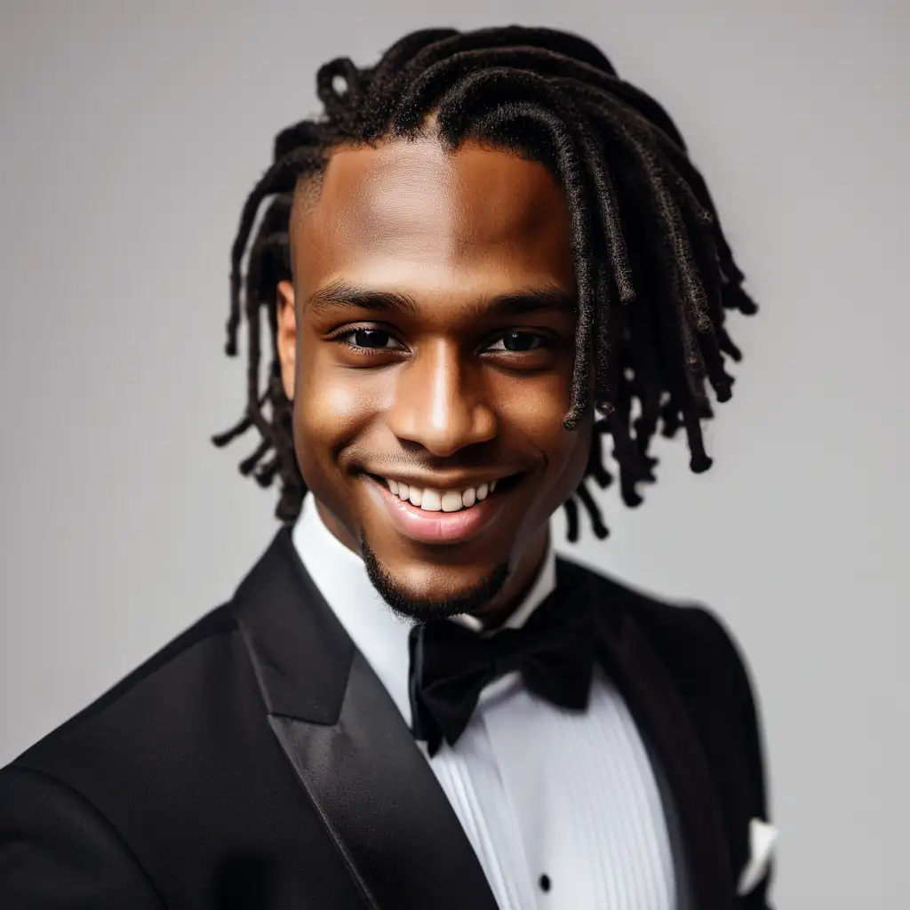 Young handsome black man,smiling at reader,almond brown eyes,dimples,black neat locs,wearing a tuxedo, 